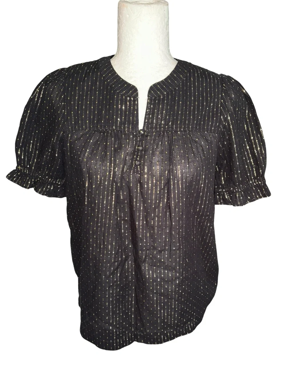 NWT J. Crew Black & Metallic Gold Lurex Dot Puff Sleeve Blouse - XS